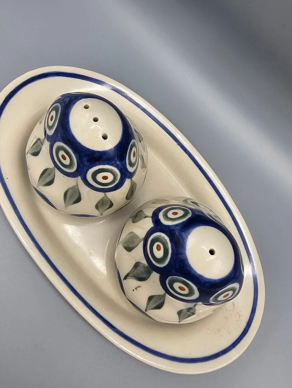 Hand-Painted Ceramic Salt and Pepper Shakers with Matching Tray